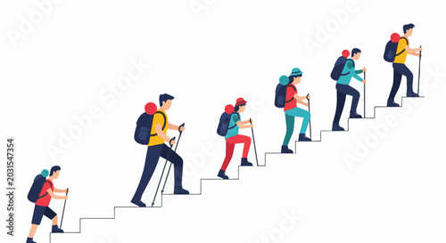 A group of hikers ascend a staircase, each carrying a backpack and using poles