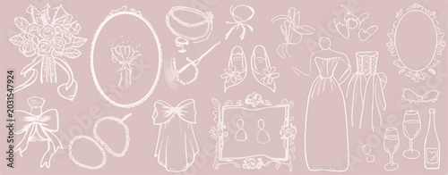 Romantic wedding elements in cream on pink background