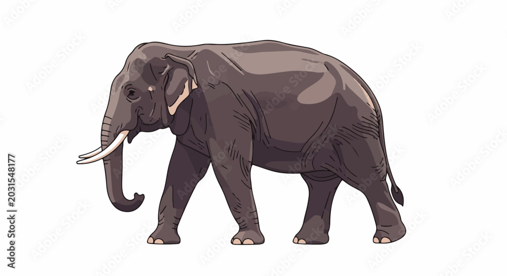 Fototapeta premium A large grey elephant with tusks walks across a white background