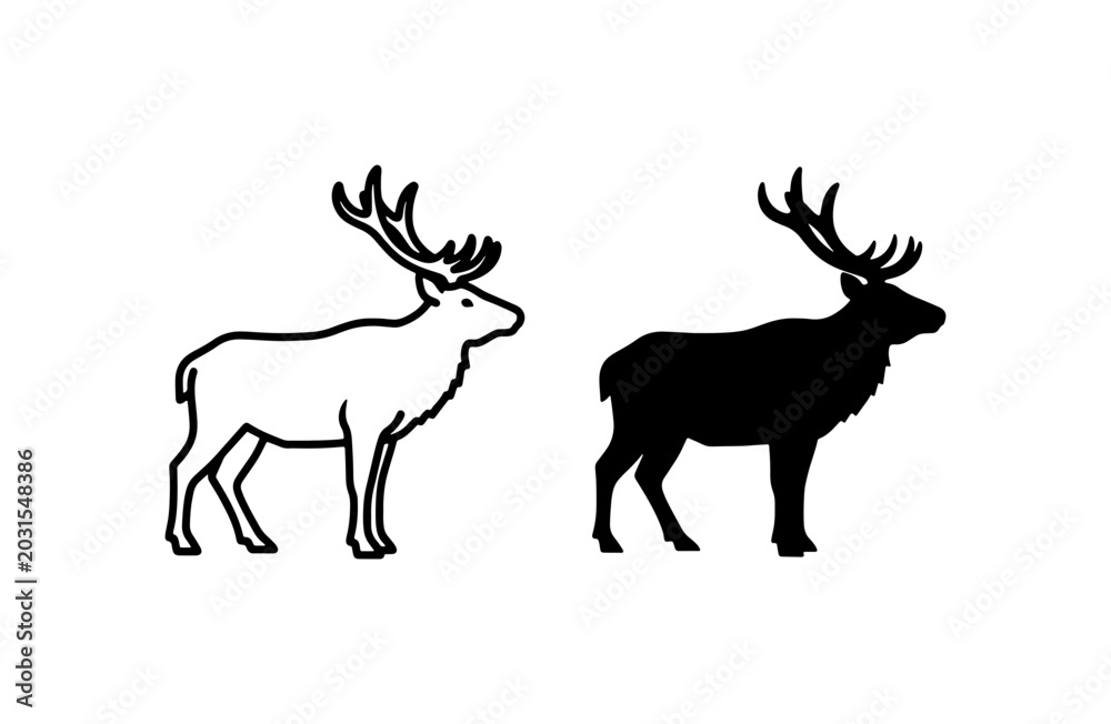 Obraz premium Minimalist deer silhouette vector, elk outline icons, wild buck stag set