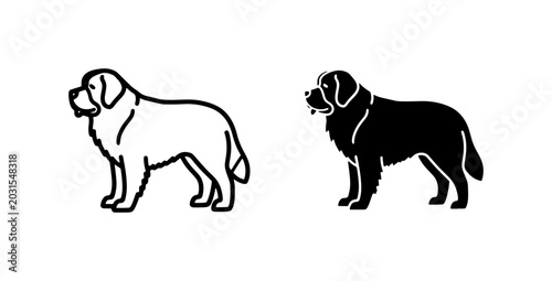 Saint Bernard dog icons, black silhouette and line art vector set