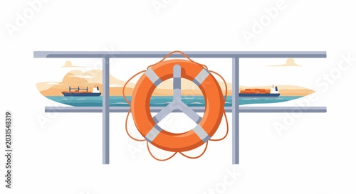 A life preserver hangs on a railing overlooking a calm ocean with cargo ships