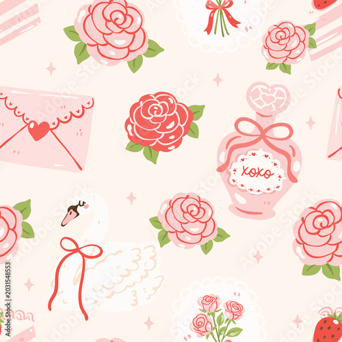 Coquette Valentine Seamless Pattern, Romantic Rose Floral Digital Paper, Pink Swan Love Letter Pattern, Feminine Cottagecore Background