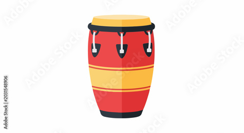 A red and yellow cylindrical drum with black accents and ropes
