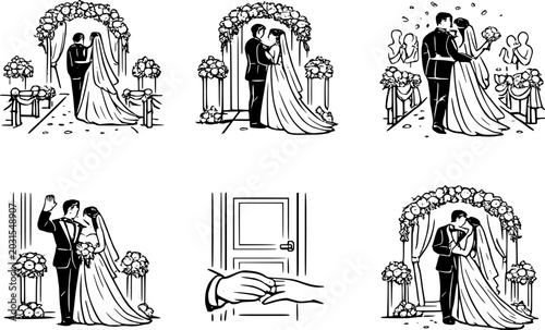 Wedding Ceremony Entrance and Vow Exchange Black and White Vector Illustration Set