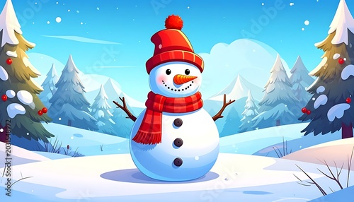 Smiling snowman in winter landscape scene.