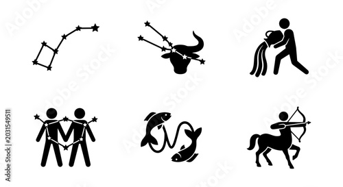 Tableau sur toile Zodiac Constellations and Symbols, Astrology Icons Set, Celestial Signs Vector G
