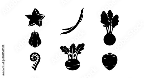 Schilderij op canvas Black Silhouette Vegetable Icons Set, Fresh Produce Graphics, Healthy Food Symbo