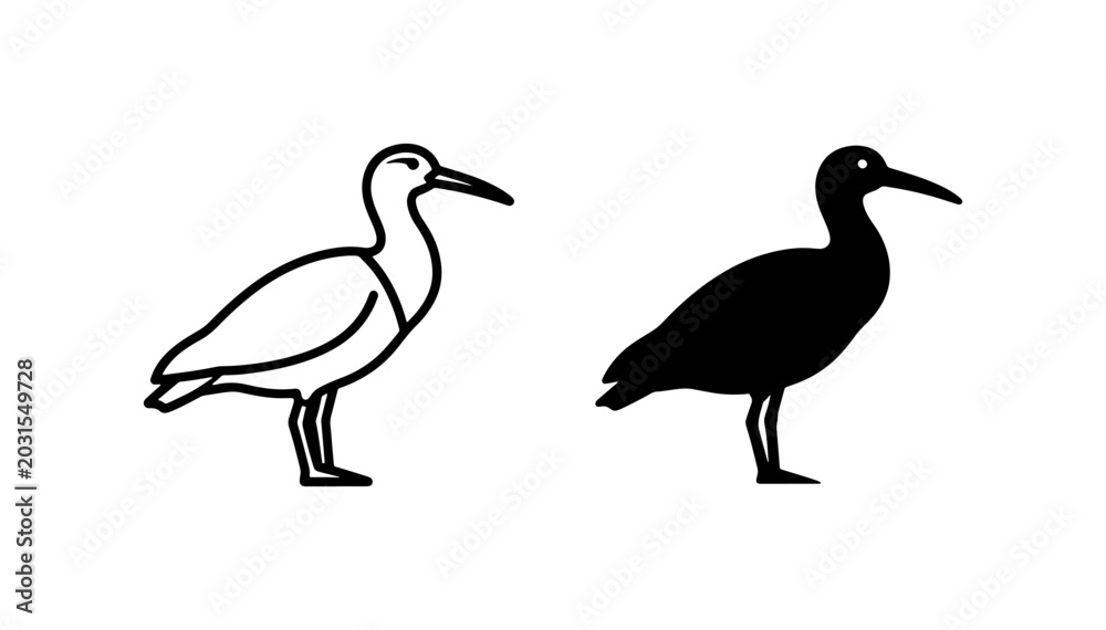 Fototapeta premium Minimalist Ibis Bird Vector Icons, Outline and Silhouette Styles, Black and White Wildlife Graphics for Nature and Ornithology Concepts