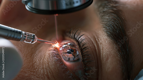 Ophthalmic surgeon performs cataract surgery on patient in a medical setting during daylight hours using advanced laser technology