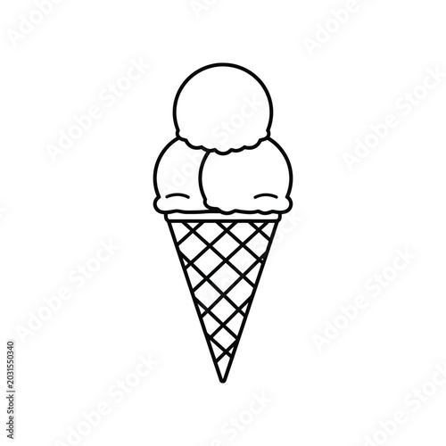 Three Scoop Waffle Cone Ice Cream Dessert Line Art Vector Illustration.