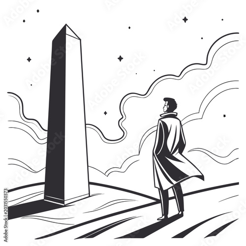 Fotografija Silhouette of a man looking at a tall monolithic monument under night sky