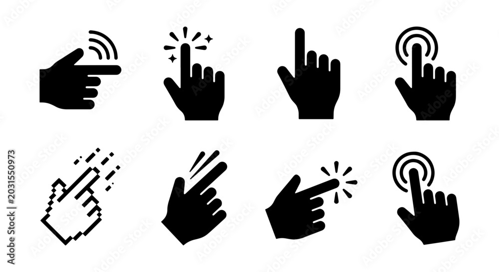 Fototapeta premium Set of 8 Hand Cursor Icons, Digital Pointer Clicks, Touchscreen Gestures, Vector Graphics