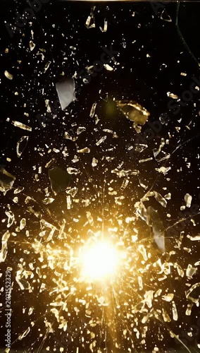 Slow motion shattering dark glass revealing bright golden light