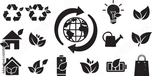 Set of black environmental featuring recycling, nature, and energy msea set
