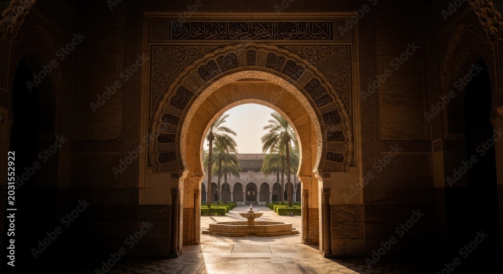 Obraz premium View through an ornate stone archway leading to a courtyard with palm trees and a water fountain