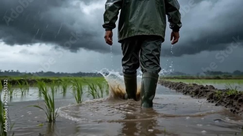 young man walking in the ricefield when rainy 