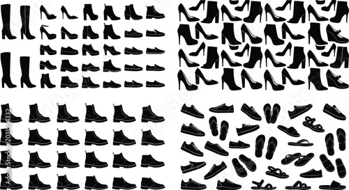 Quadro su tela Fashion Footwear Silhouette Set Featuring Boots High Heels Sneakers and Sandals