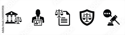 Photos Set of five icons representing legal and courtroom concepts with scales of justi