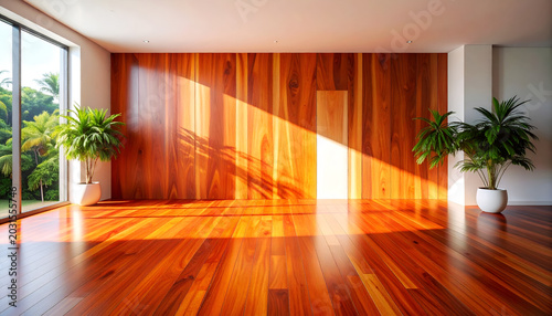 Bright interior with natural wood walls and floor featuring potted plants and sunlight creating shadows for a warm minimalist design
