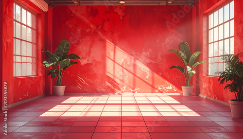Bright red room interior with sunlight shining through windows onto plants creating a modern and minimalist aesthetic space