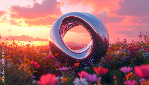 Chrome torus sculpture in vibrant flower field at sunset with warm light reflecting the colorful sky in a whimsical and dreamy landscape