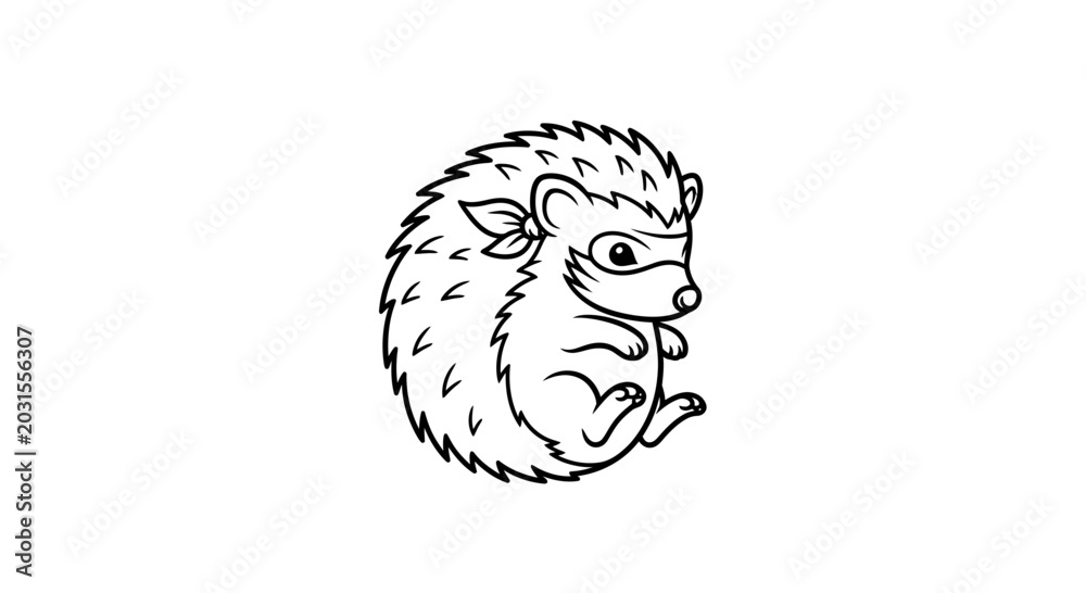 Naklejka premium Cute Hedgehog Cartoon Illustration, Black and White Line Art, Adorable Animal Character