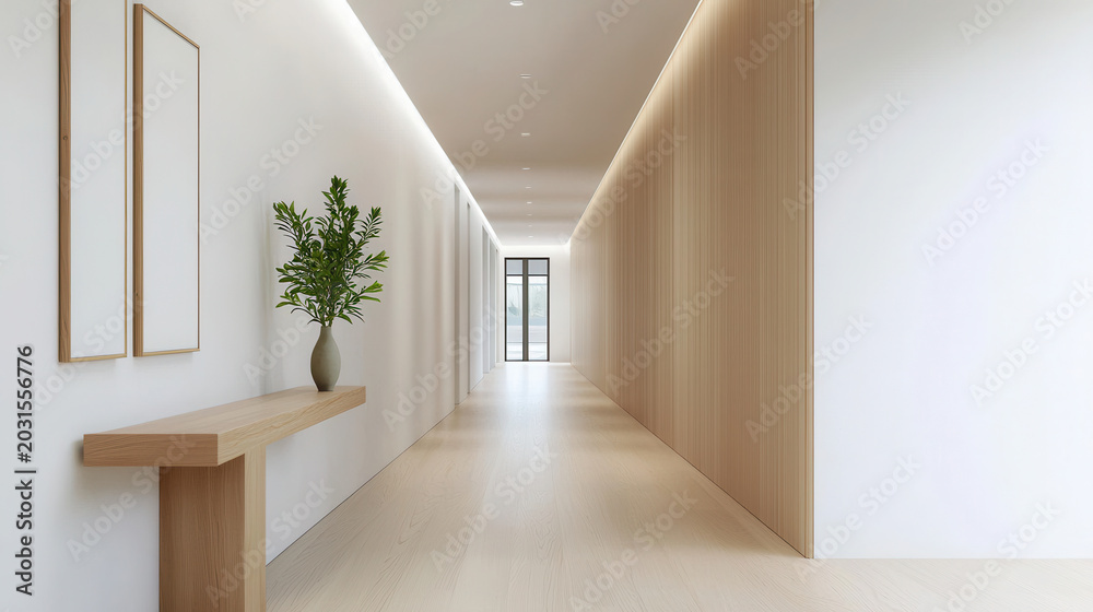 Fototapeta premium Minimalist hallway featuring white walls, wooden accents, and decorative plant creates serene atmosphere