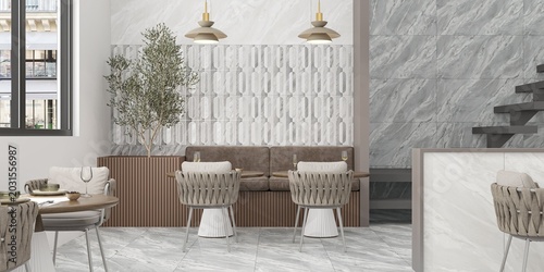 Εκτύπωση καμβά Boho themed premium cafe interior showcasing marble finishes, matte tile flooring, hanging lights, and contemporary decorative details