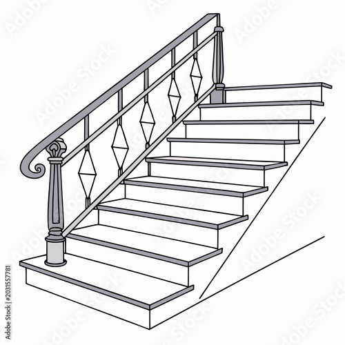 Fotografie Classic staircase with ornate railing and balusters white background line art