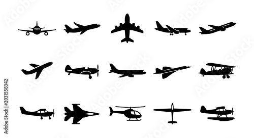 Foto Airplane Silhouettes Collection: Jet, Propeller, Biplane, Helicopter Icons