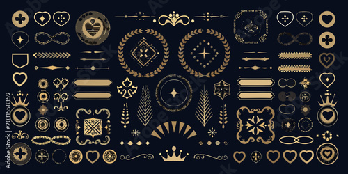 Fényképezés Collection of ornate gold emblems crowns shields and laurel wreaths vector illus