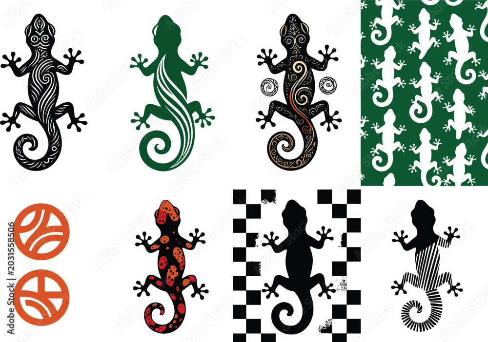 Naklejka premium Stylized Gecko Vector Collection with Tribal, Ornamental, and Patterned Designs