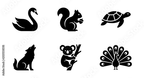 Photography Black Animal Silhouettes: Swan, Squirrel, Turtle, Wolf, Koala, Peacock Icons