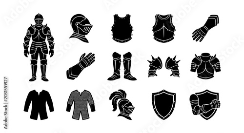 Fotografie Medieval Knight Armor Set, Historical Warrior Gear Icons, Vintage Combat Protect
