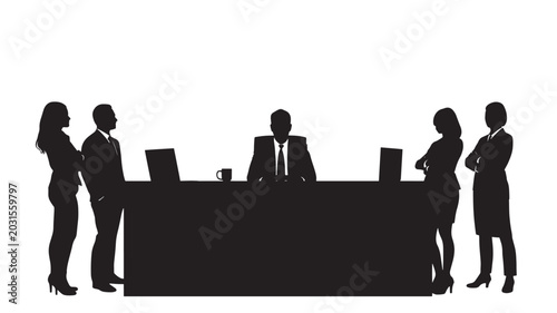 Boss Leader Desk Employees Silhouette Vector | Black White Corporate Leadership Office Concept Illustration