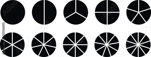 Segments of circle with 1 to 10 pieces. Info graphic icons circles set divided radius in black and white color vector image. Divided circle sections, Black round diagram. Divided circle sections.