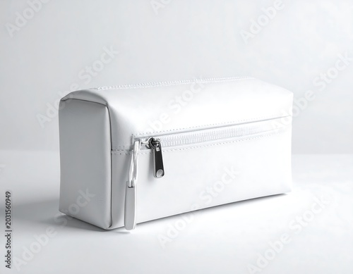 Minimalist White Zipper Pouch Resting on Clean White Studio Surface