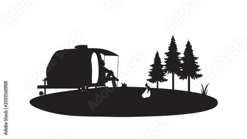 Camper Bonfire Night Silhouette Vector | Black White Camping Caravan Outdoor Adventure Concept Illustration