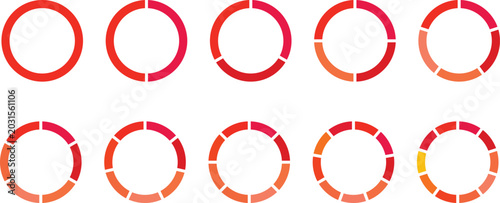 Infographic icons circles set divided radius in colorFULL vector image. Segments of circle with 1 to 10 pieces. Black round diagram. Divided circle sections set.