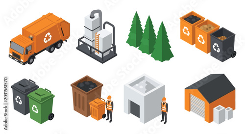 Cuadro en lienzo Isometric recycling and waste management infrastructure illustration