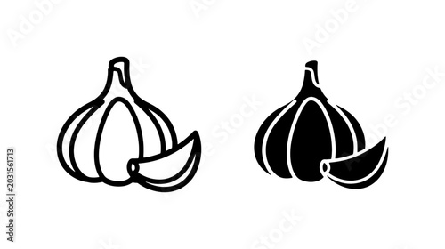 Cuadro en lienzo Garlic Icons, Vector Illustrations of Fresh Garlic Bulbs and Cloves, Culinary In