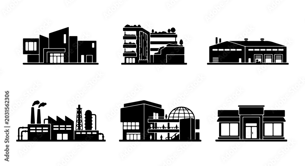 Obraz premium Modern Architecture Icons, Commercial Buildings Vector Set, Urban Facades Collection