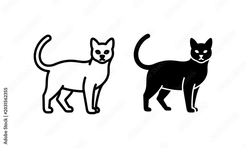 Fototapeta premium Two Cat Icons, Black and White Vector Silhouettes, Pet Animal Graphics