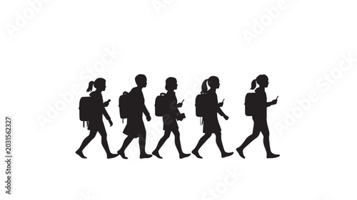 Students Walking to School Silhouette Vector | Black White Group Education Backpack Concept Illustration