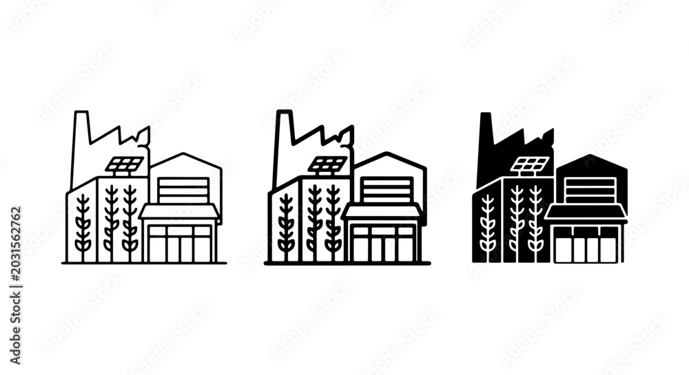 Obraz premium Eco Factory Icons, Green Energy Building Symbols, Sustainable Industry Vector Set