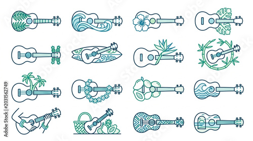 Tableau sur toile Collection of Ukulele Illustrations with Tropical Elements.