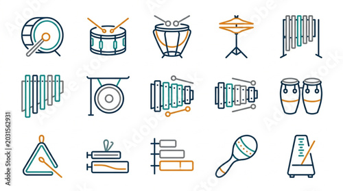 Obraz na plátně Collection of various musical percussion instruments icons.