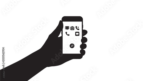  Hand Holding Smartphone Silhouette Vector | Black White Mobile App Technology Concept Flat Design Illustration