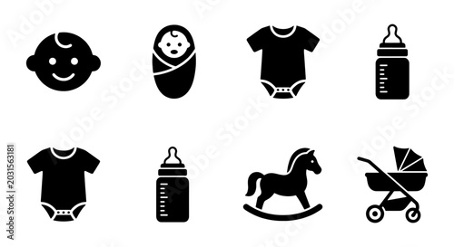 Baby Icons Set, Newborn Essentials Collection, Infant Care Symbols, Vector Graphics